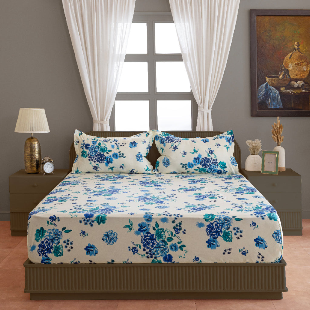Azure Rose Cream & Blue Floral 160 TC Pure Cotton Bedsheet with Pillow Cover