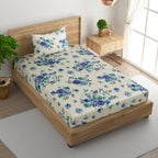 Azure Rose Cream & Blue Floral 160 TC Pure Cotton Bedsheet with Pillow Cover