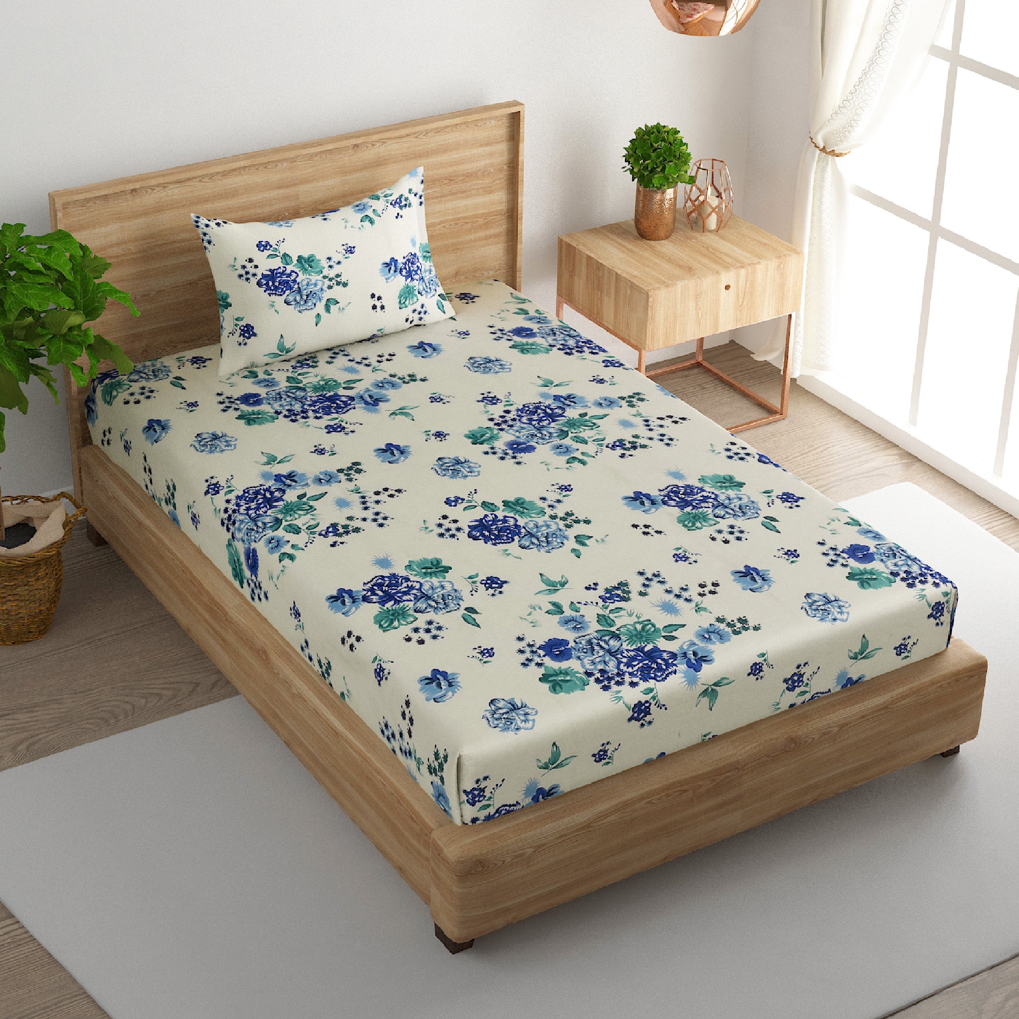 Azure Rose Cream & Blue Floral 160 TC Pure Cotton Bedsheet with Pillow Cover