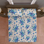 Azure Rose Cream & Blue Floral 160 TC Pure Cotton Bedsheet with Pillow Cover