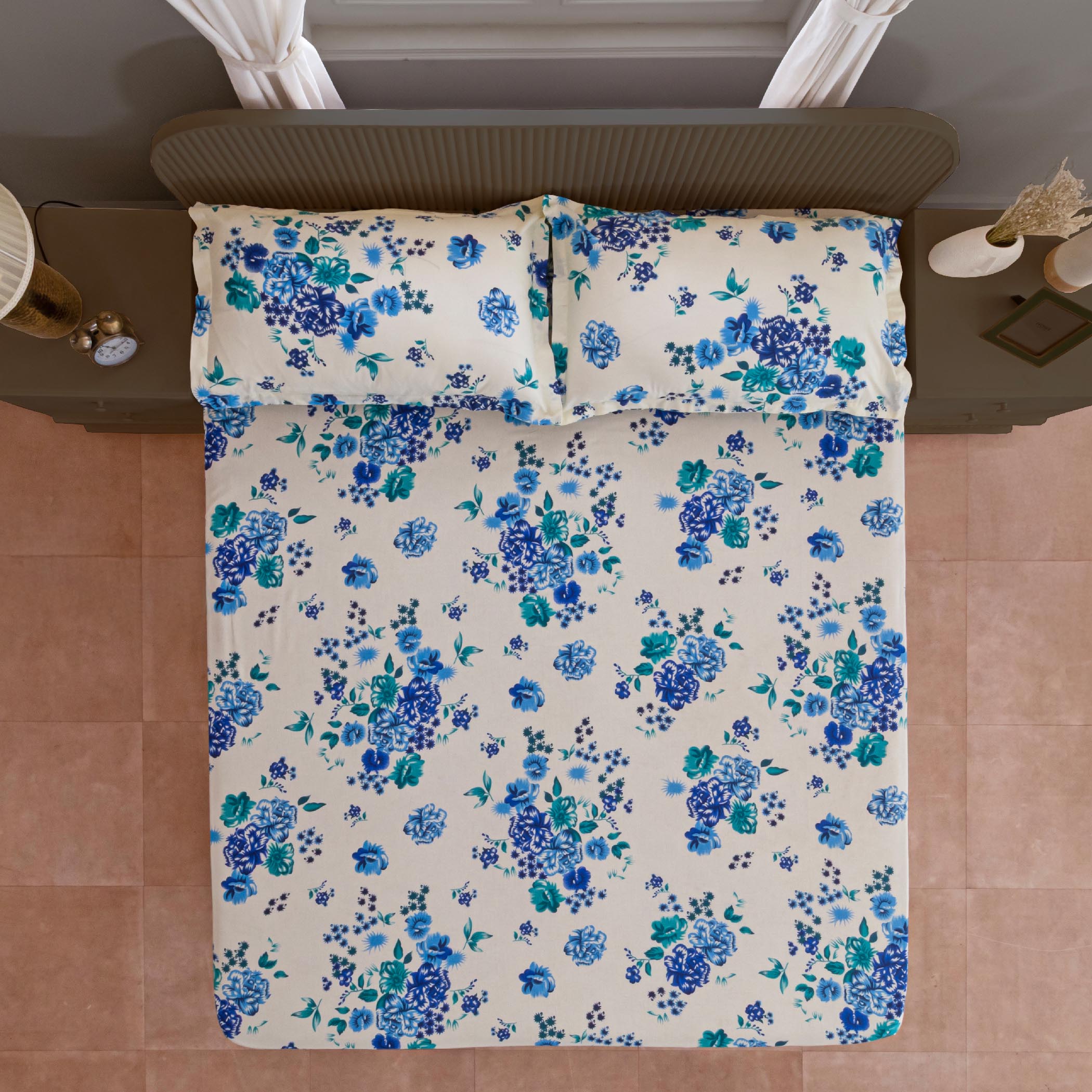 Azure Rose Cream & Blue Floral 160 TC Pure Cotton Bedsheet with Pillow Cover