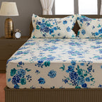 Azure Rose Cream & Blue Floral 160 TC Pure Cotton Bedsheet with Pillow Cover