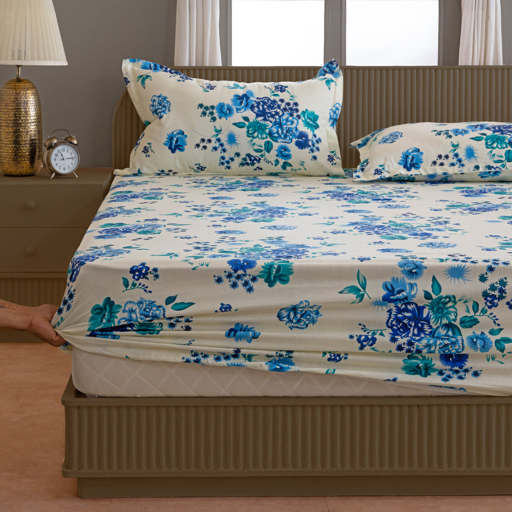 Azure Rose Cream & Blue Floral 160 TC Pure Cotton Bedsheet with Pillow Cover