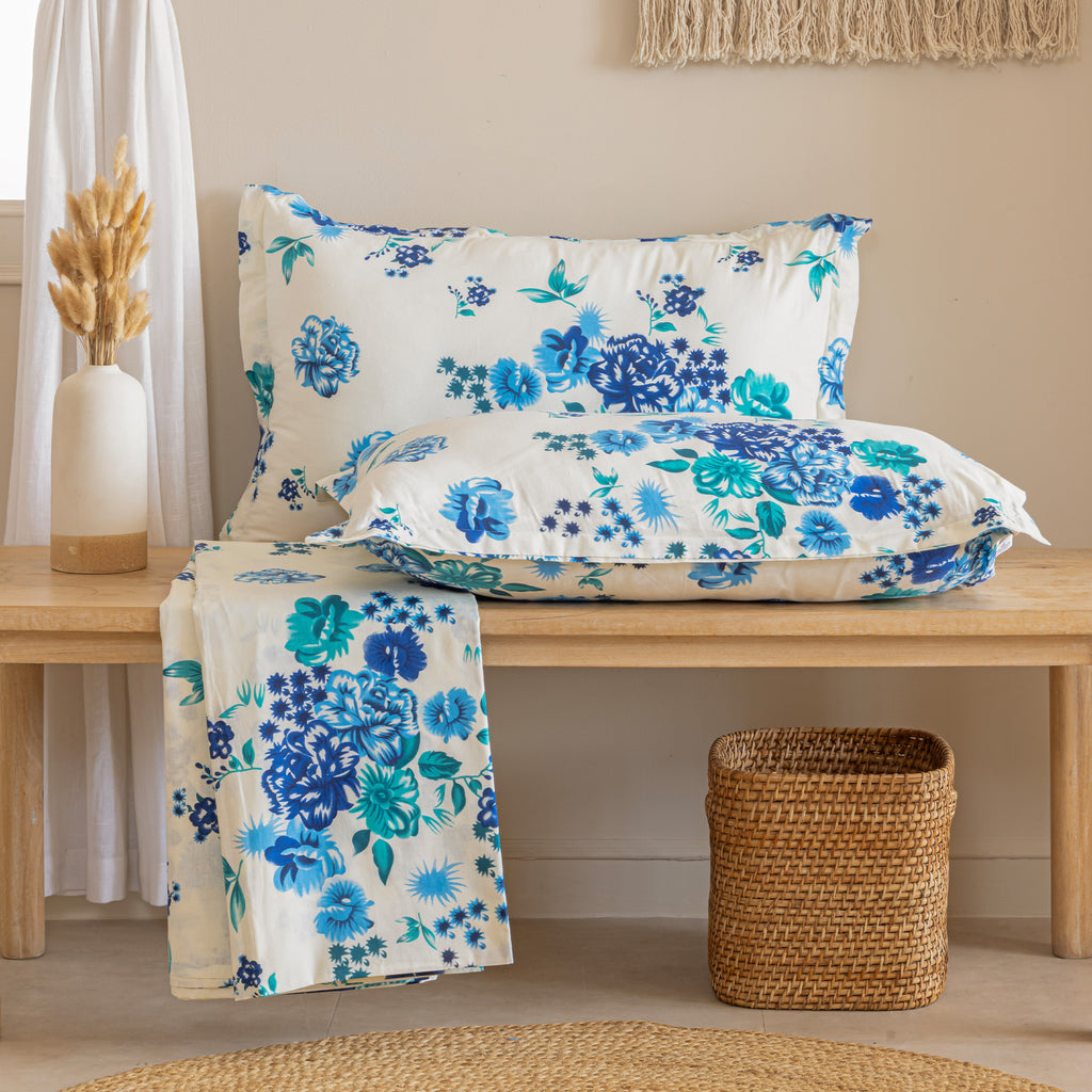 Azure Rose Cream & Blue Floral 160 TC Pure Cotton Bedsheet with Pillow Cover