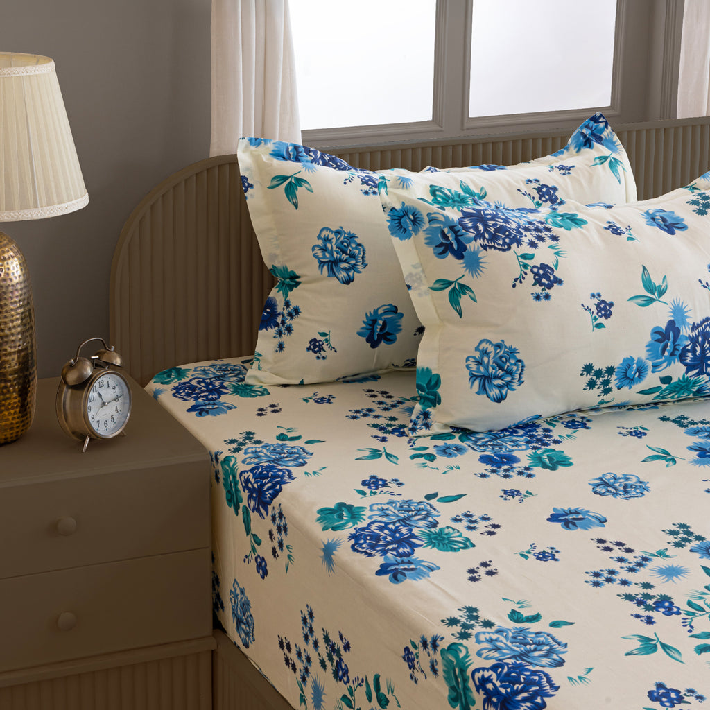 Azure Rose Cream & Blue Floral 160 TC Pure Cotton Bedsheet with Pillow Cover