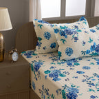 Azure Rose Cream & Blue Floral 160 TC Pure Cotton Bedsheet with Pillow Cover