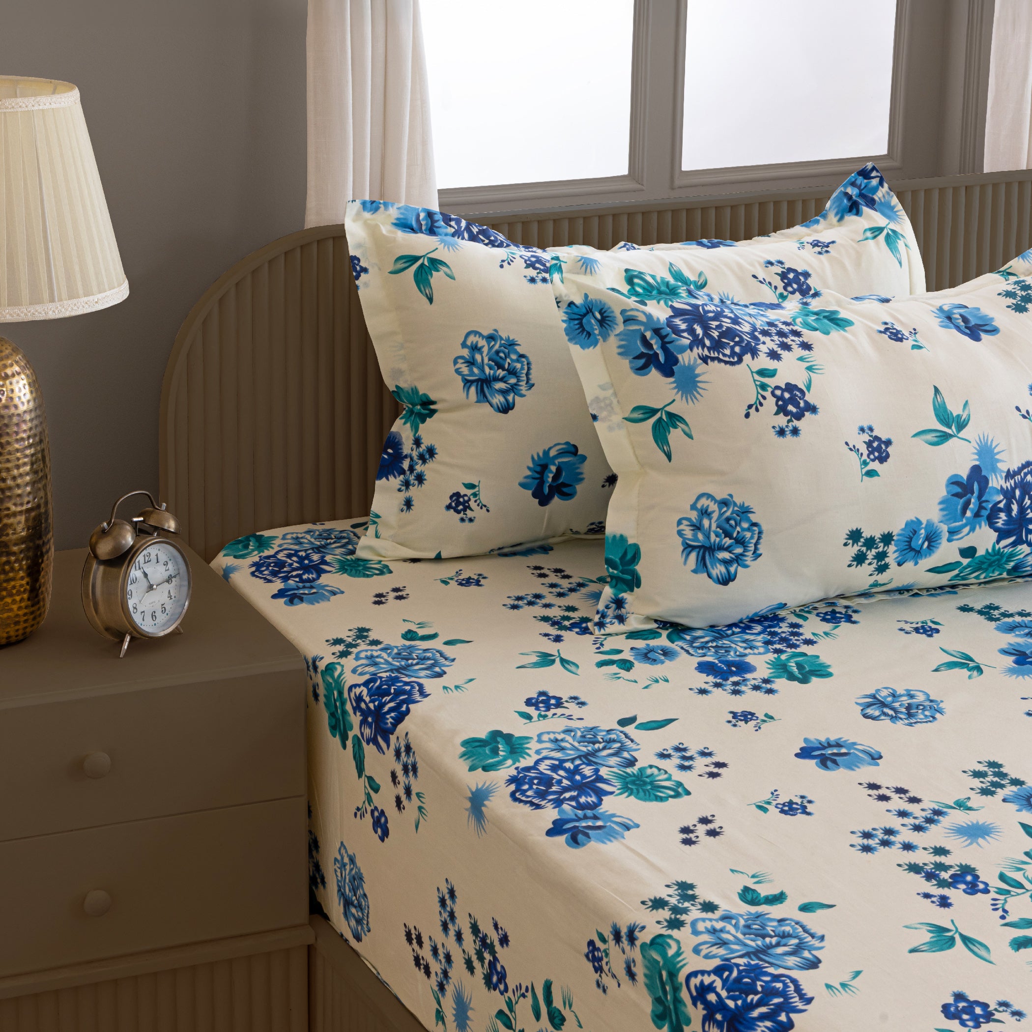 Azure Rose Cream & Blue Floral 160 TC Pure Cotton Bedsheet with Pillow Cover