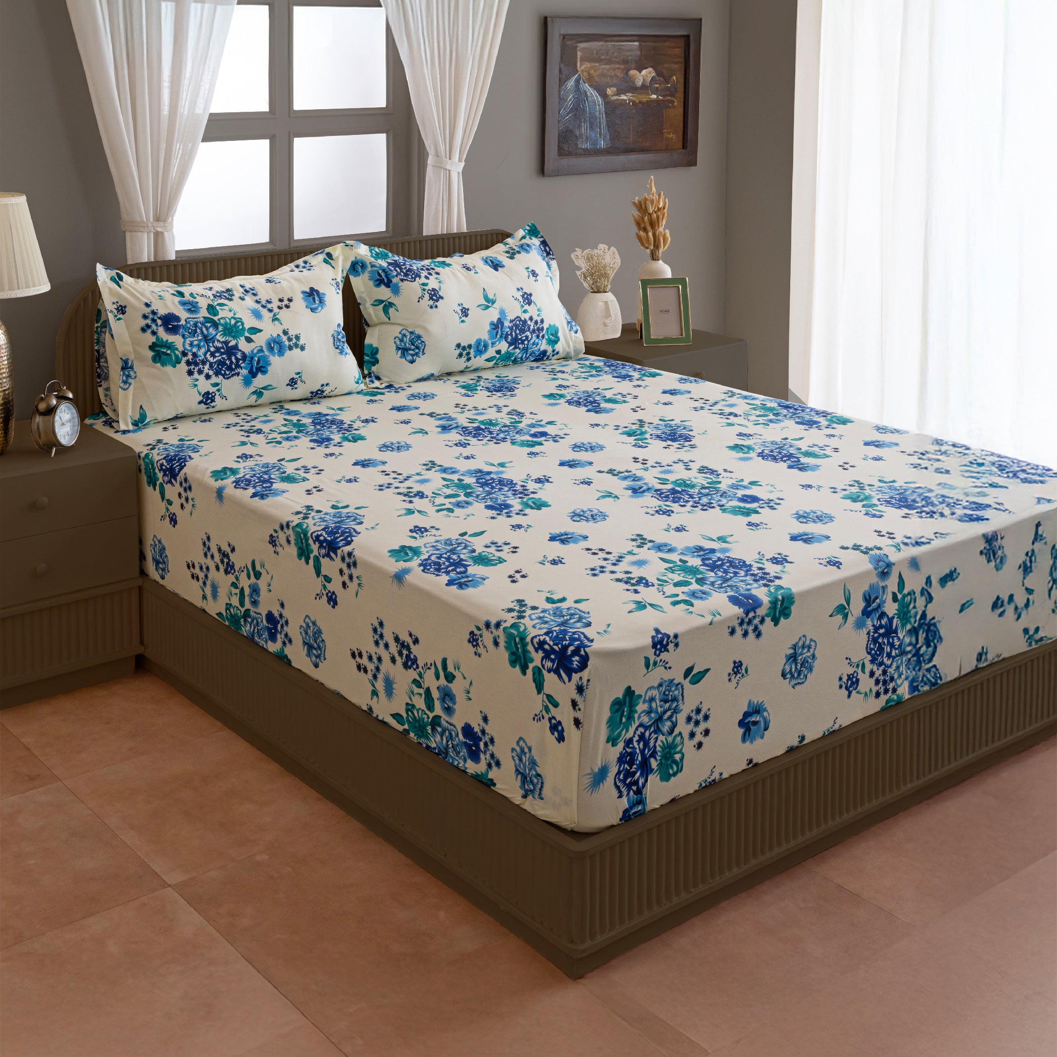 Azure Rose Cream & Blue Floral 160 TC Pure Cotton Bedsheet with Pillow Cover