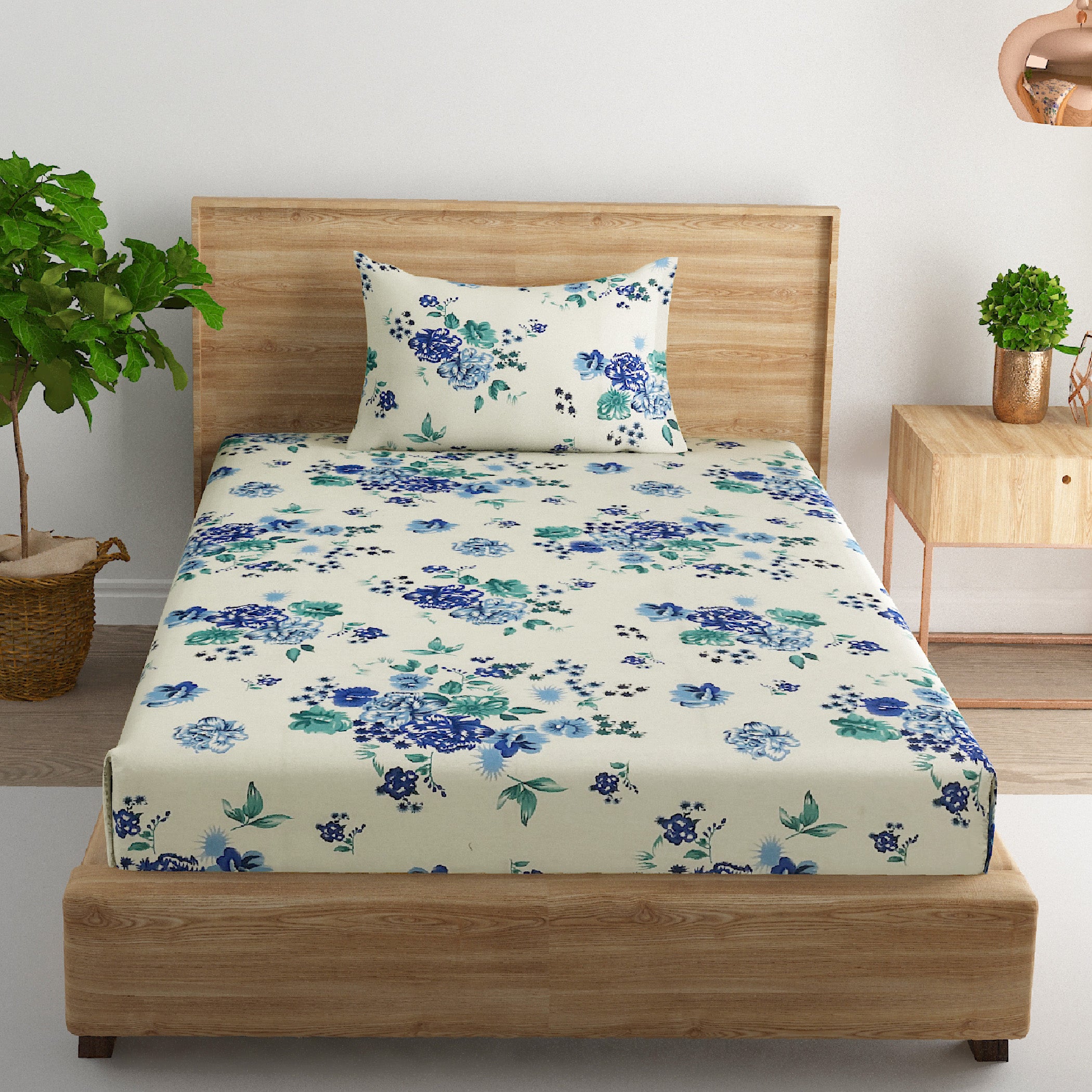 Azure Rose Cream & Blue Floral 160 TC Pure Cotton Bedsheet with Pillow Cover