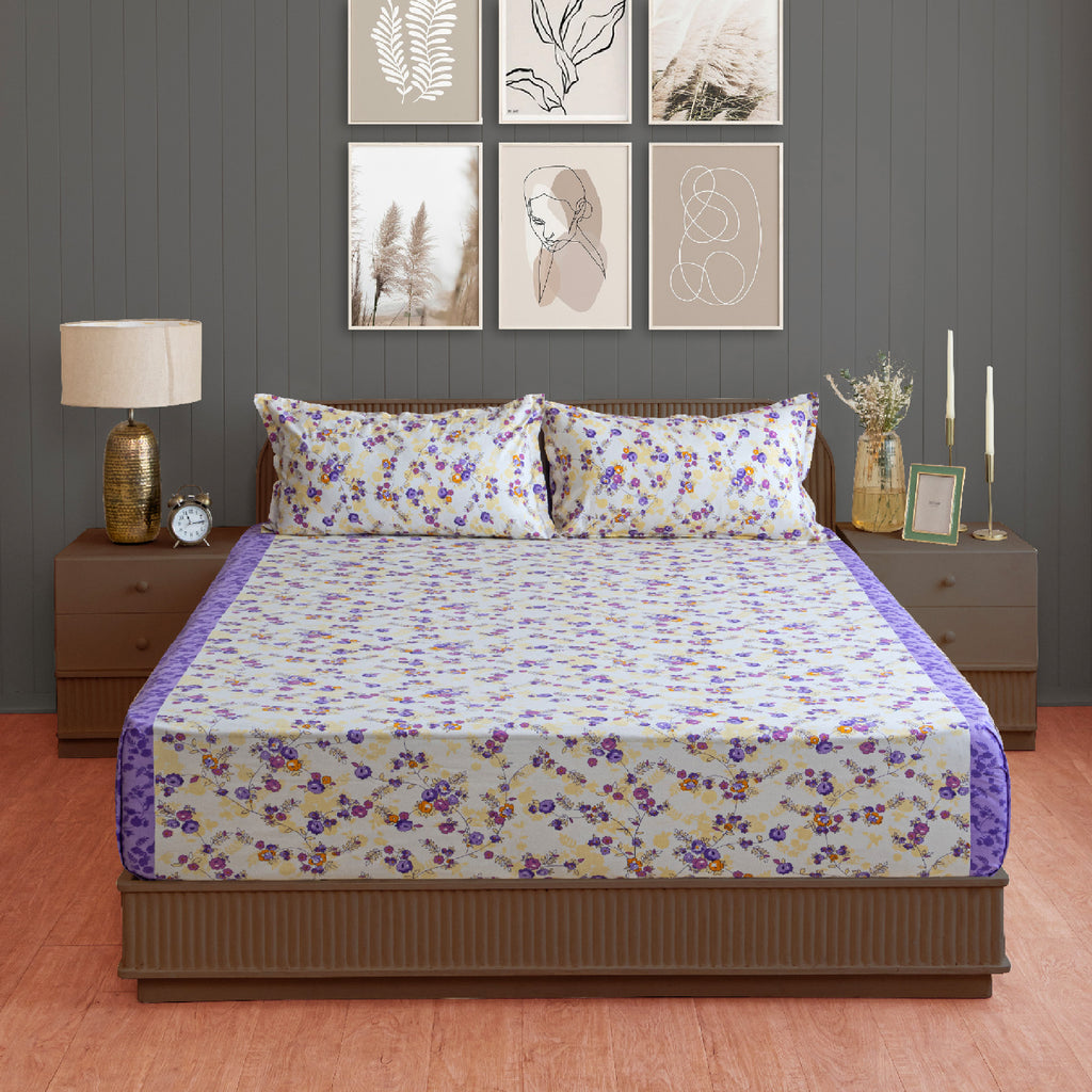 Violet Meadow Cream & Purple Floral 160 TC Pure Cotton Bedsheet with Pillow Cover