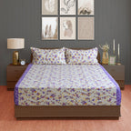 Violet Meadow Cream & Purple Floral 160 TC Pure Cotton Bedsheet with Pillow Cover