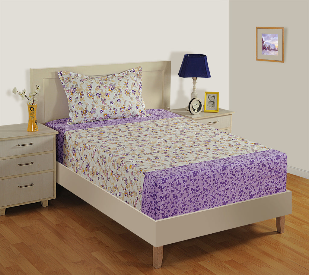 Violet Meadow Cream & Purple Floral 160 TC Pure Cotton Bedsheet with Pillow Cover