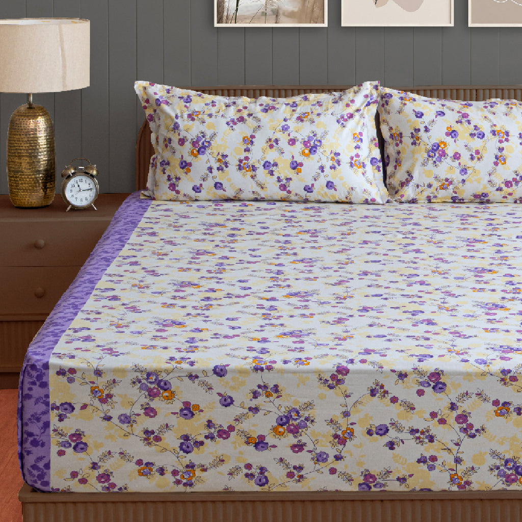 Violet Meadow Cream & Purple Floral 160 TC Pure Cotton Bedsheet with Pillow Cover