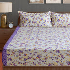 Violet Meadow Cream & Purple Floral 160 TC Pure Cotton Bedsheet with Pillow Cover