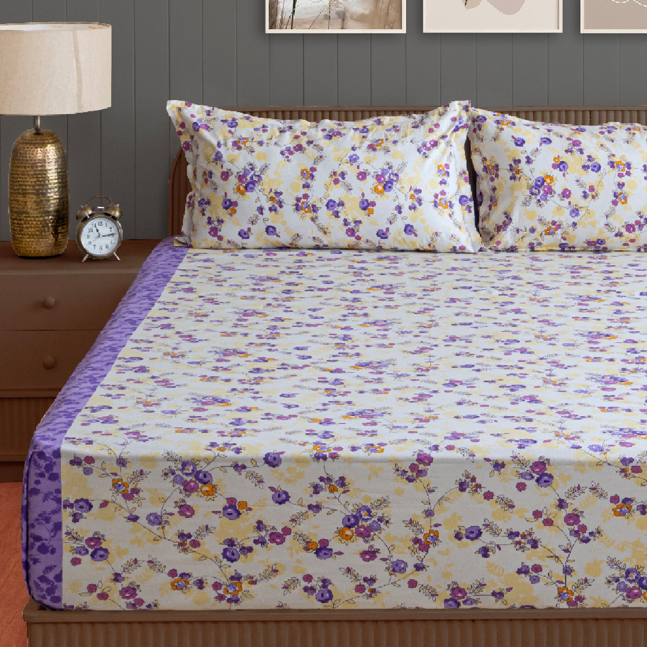 Violet Meadow Cream & Purple Floral 160 TC Pure Cotton Bedsheet with Pillow Cover