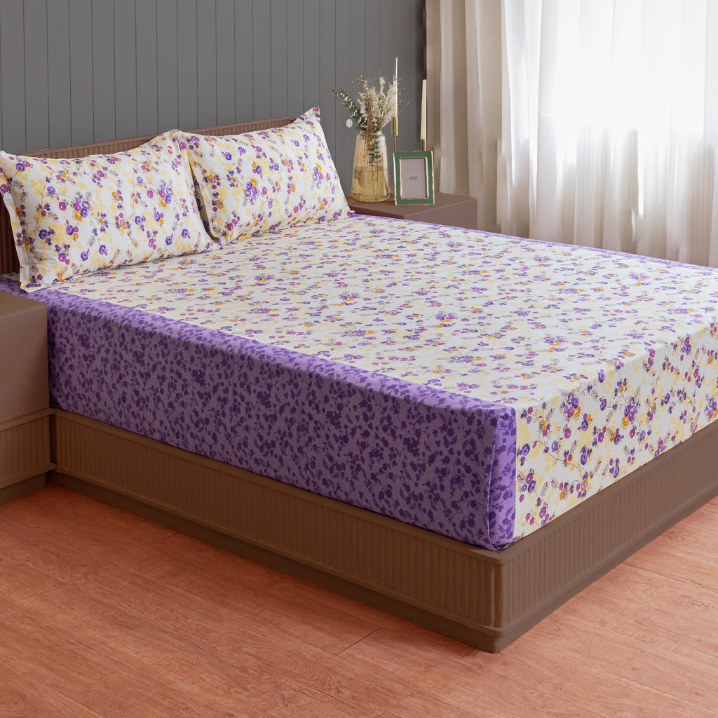 Violet Meadow Cream & Purple Floral 160 TC Pure Cotton Bedsheet with Pillow Cover