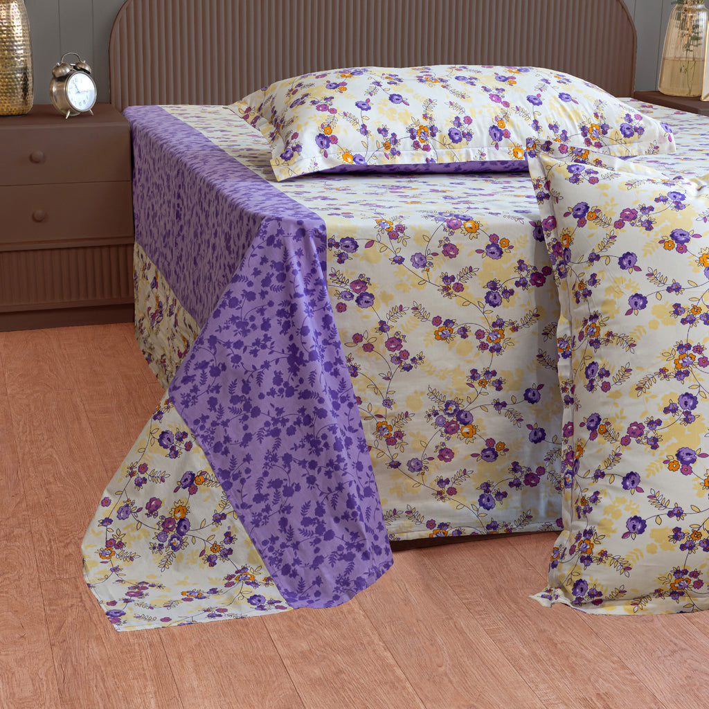 Violet Meadow Cream & Purple Floral 160 TC Pure Cotton Bedsheet with Pillow Cover