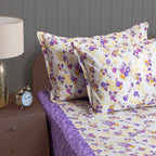 Violet Meadow Cream & Purple Floral 160 TC Pure Cotton Bedsheet with Pillow Cover