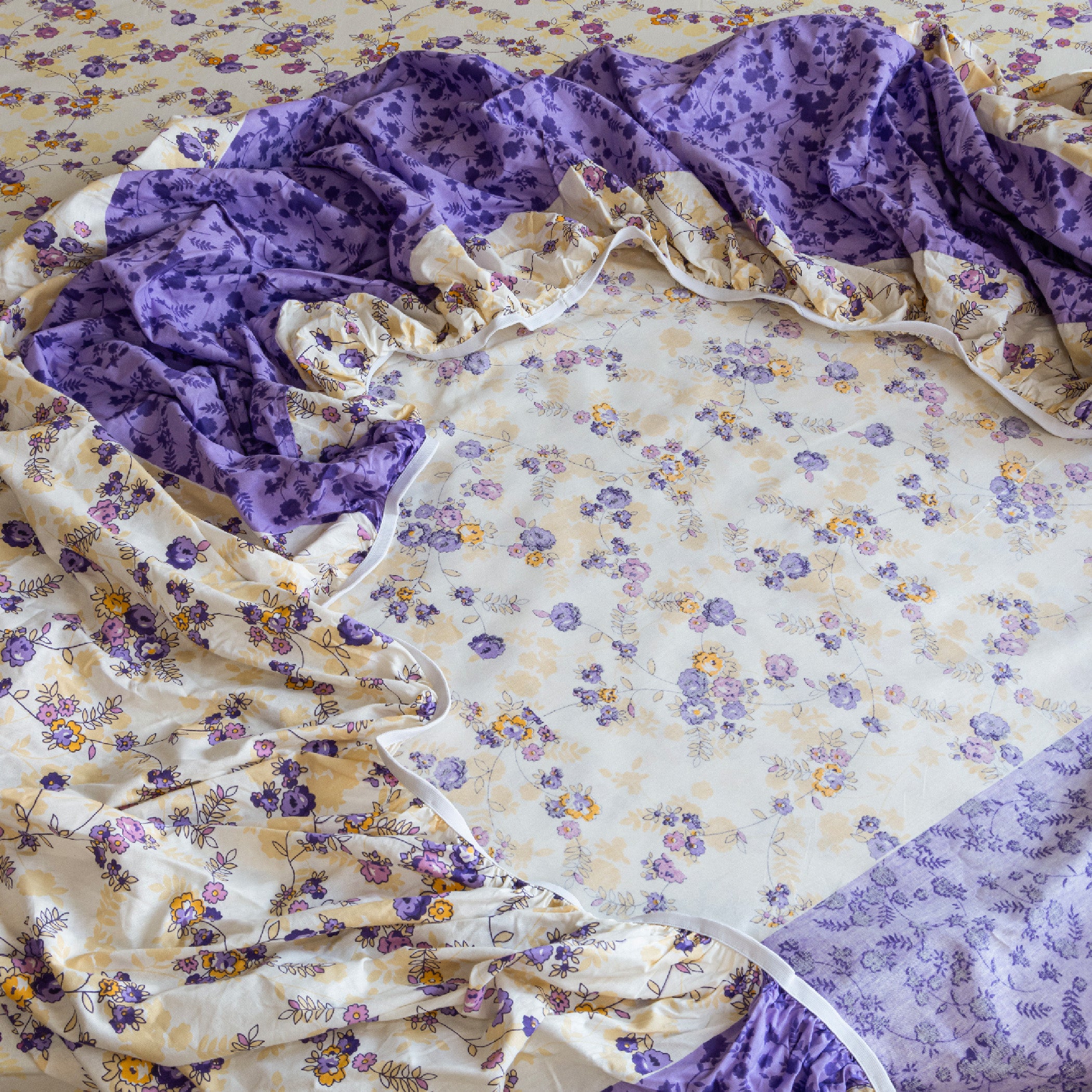 Violet Meadow Cream & Purple Floral 160 TC Pure Cotton Bedsheet with Pillow Cover