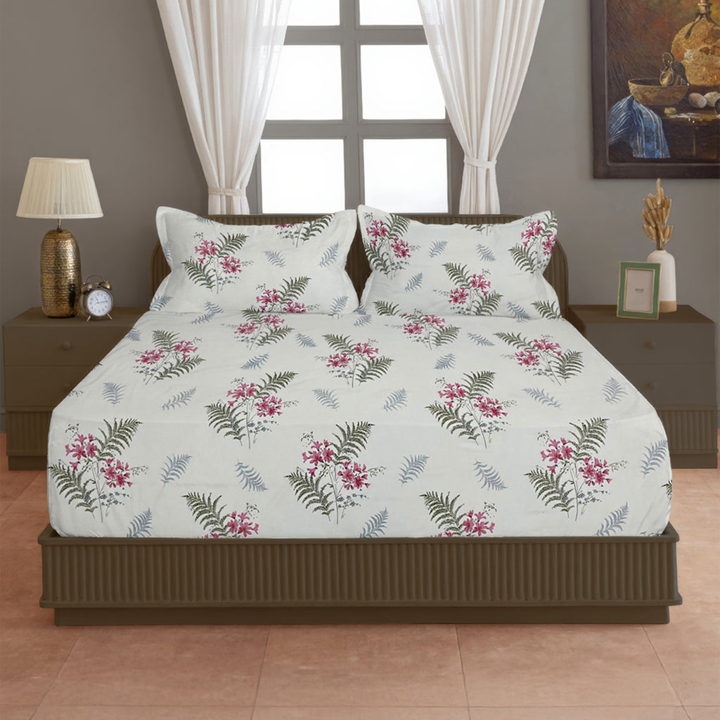 Ivory Fern Blossom 144 TC Pure Cotton Bedsheet Set with Pillow Cover