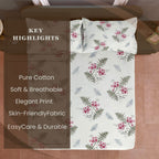 Ivory Fern Blossom 144 TC Pure Cotton Bedsheet Set with Pillow Cover