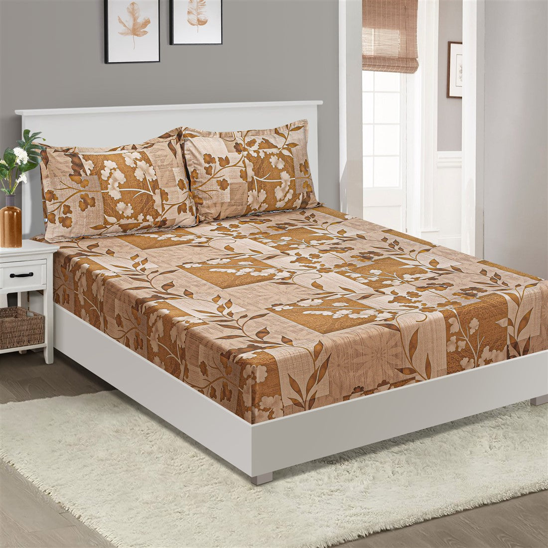 Beige Ochre Floral Patchwork 144 TC Pure Cotton Bedsheet Set with Pillow Cover