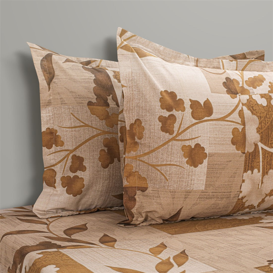 Beige Ochre Floral Patchwork 144 TC Pure Cotton Bedsheet Set with Pillow Cover