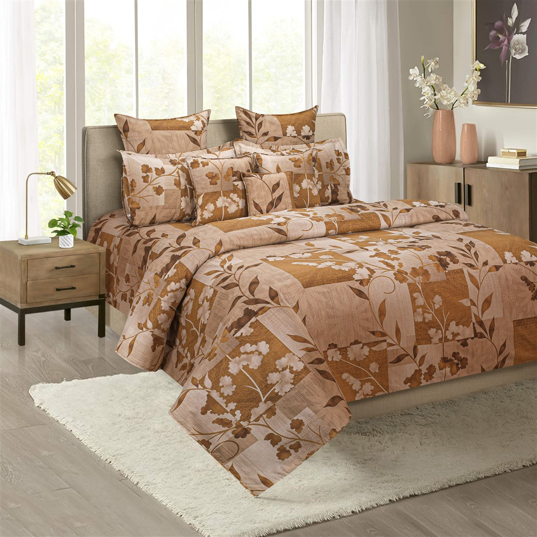 Beige Ochre Floral Patchwork 144 TC Pure Cotton Bedsheet Set with Pillow Cover