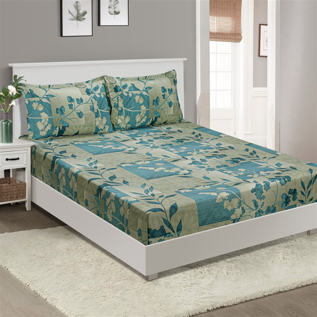 Sage Teal Floral Patchwork 144 TC Pure Cotton Bedsheet Set with Pillow Cover