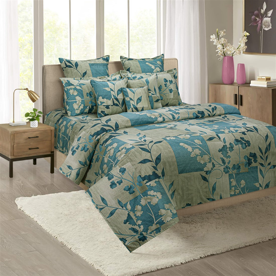 Sage Teal Floral Patchwork 144 TC Pure Cotton Bedsheet Set with Pillow Cover