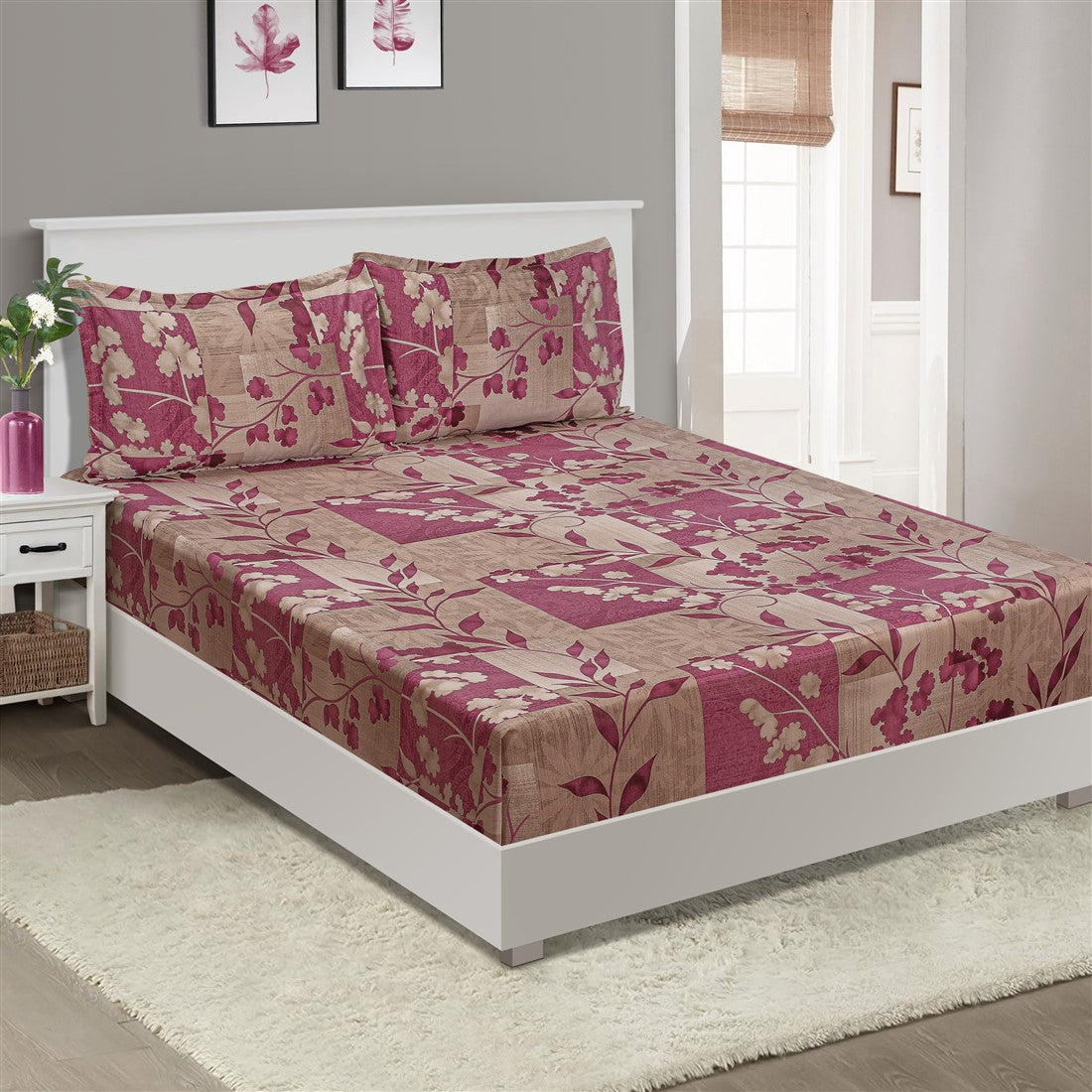 Beige Berry Floral Patchwork 144 TC Pure Cotton Bedsheet Set with Pillow Cover