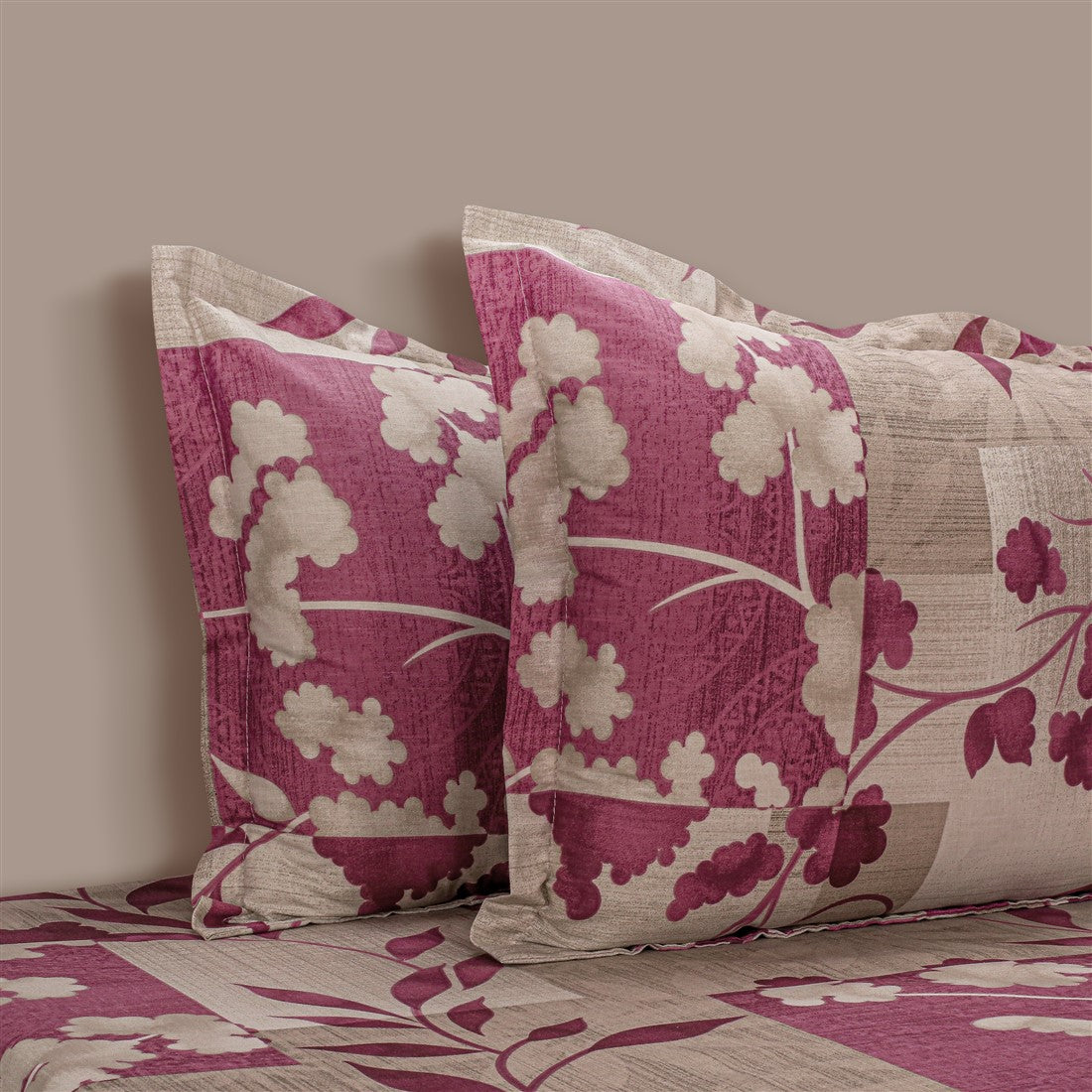 Beige Berry Floral Patchwork 144 TC Pure Cotton Bedsheet Set with Pillow Cover
