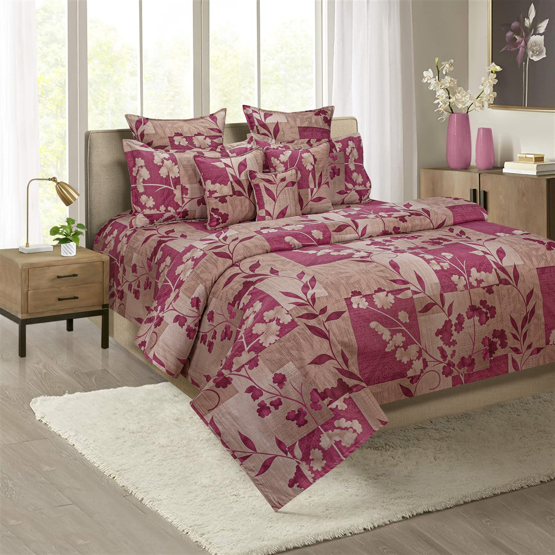 Beige Berry Floral Patchwork 144 TC Pure Cotton Bedsheet Set with Pillow Cover