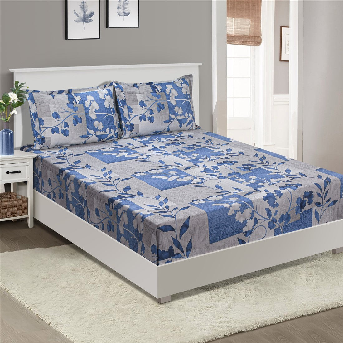 Silver Blue Floral Patchwork 144 TC Pure Cotton Bedsheet Set with Pillow Cover