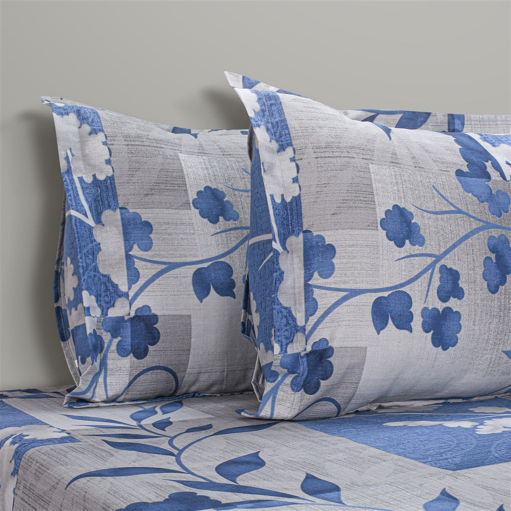 Silver Blue Floral Patchwork 144 TC Pure Cotton Bedsheet Set with Pillow Cover