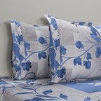 Silver Blue Floral Patchwork 144 TC Pure Cotton Bedsheet Set with Pillow Cover