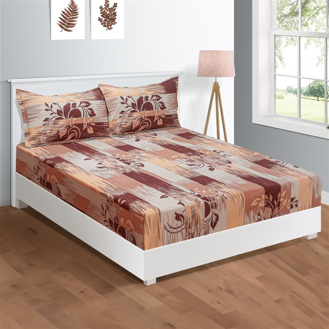 Peach Rust Floral Brushstrokes 144 TC Pure Cotton Bedsheet Set with Pillow Cover
