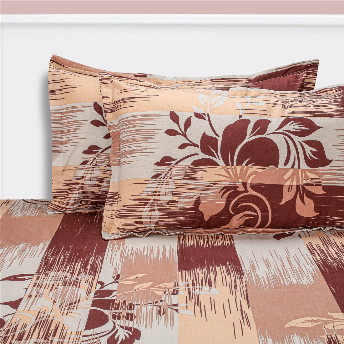 Peach Rust Floral Brushstrokes 144 TC Pure Cotton Bedsheet Set with Pillow Cover
