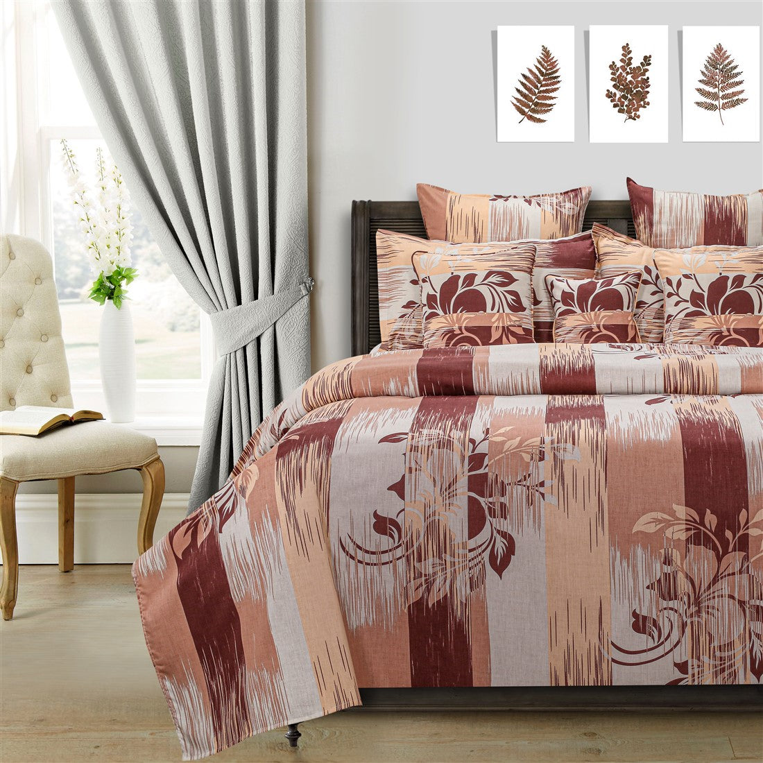 Peach Rust Floral Brushstrokes 144 TC Pure Cotton Bedsheet Set with Pillow Cover