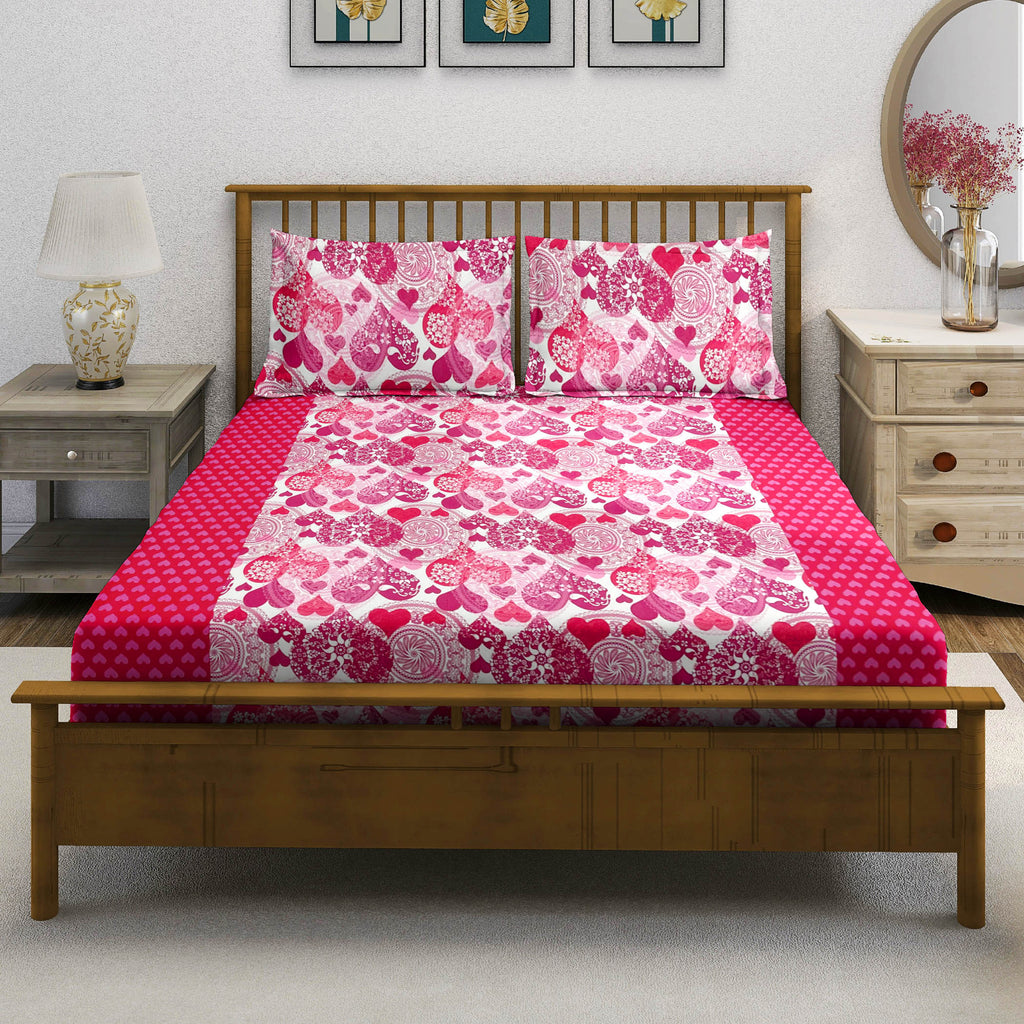 Sweetheart Bloom Pink & White Heart Print 160 TC Pure Cotton Bedsheet with Pillow Cover