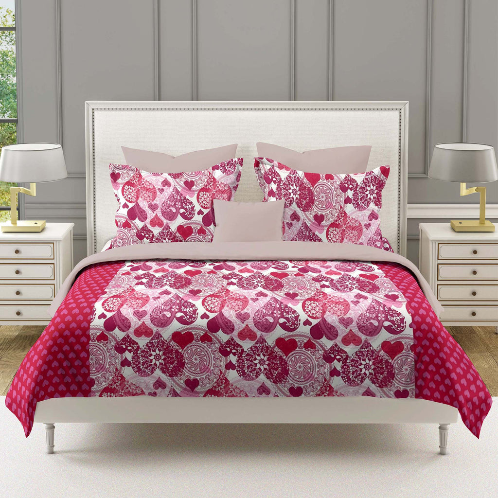 Sweetheart Bloom Pink & White Heart Print 160 TC Pure Cotton Bedsheet with Pillow Cover