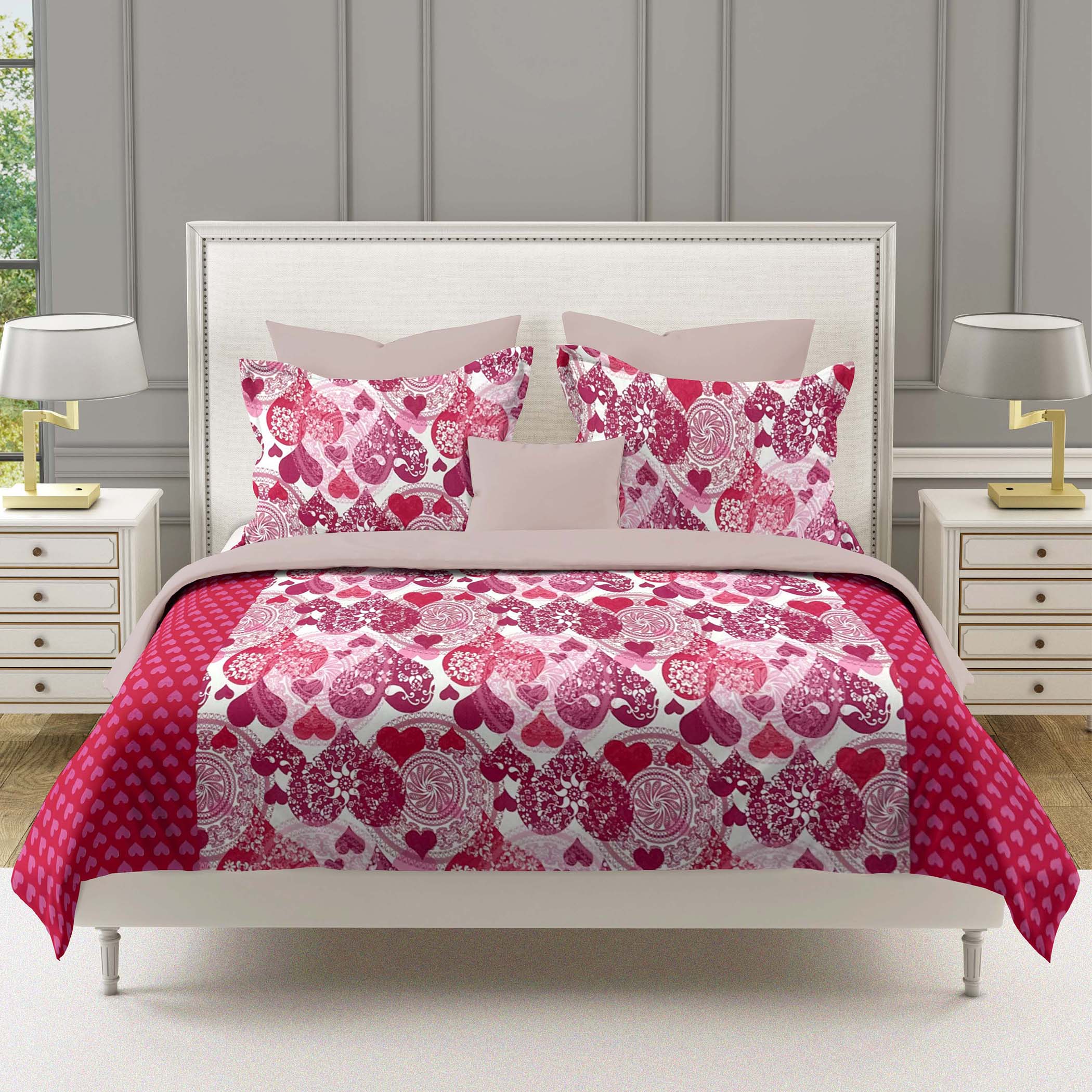 Sweetheart Bloom Pink & White Heart Print 160 TC Pure Cotton Bedsheet with Pillow Cover