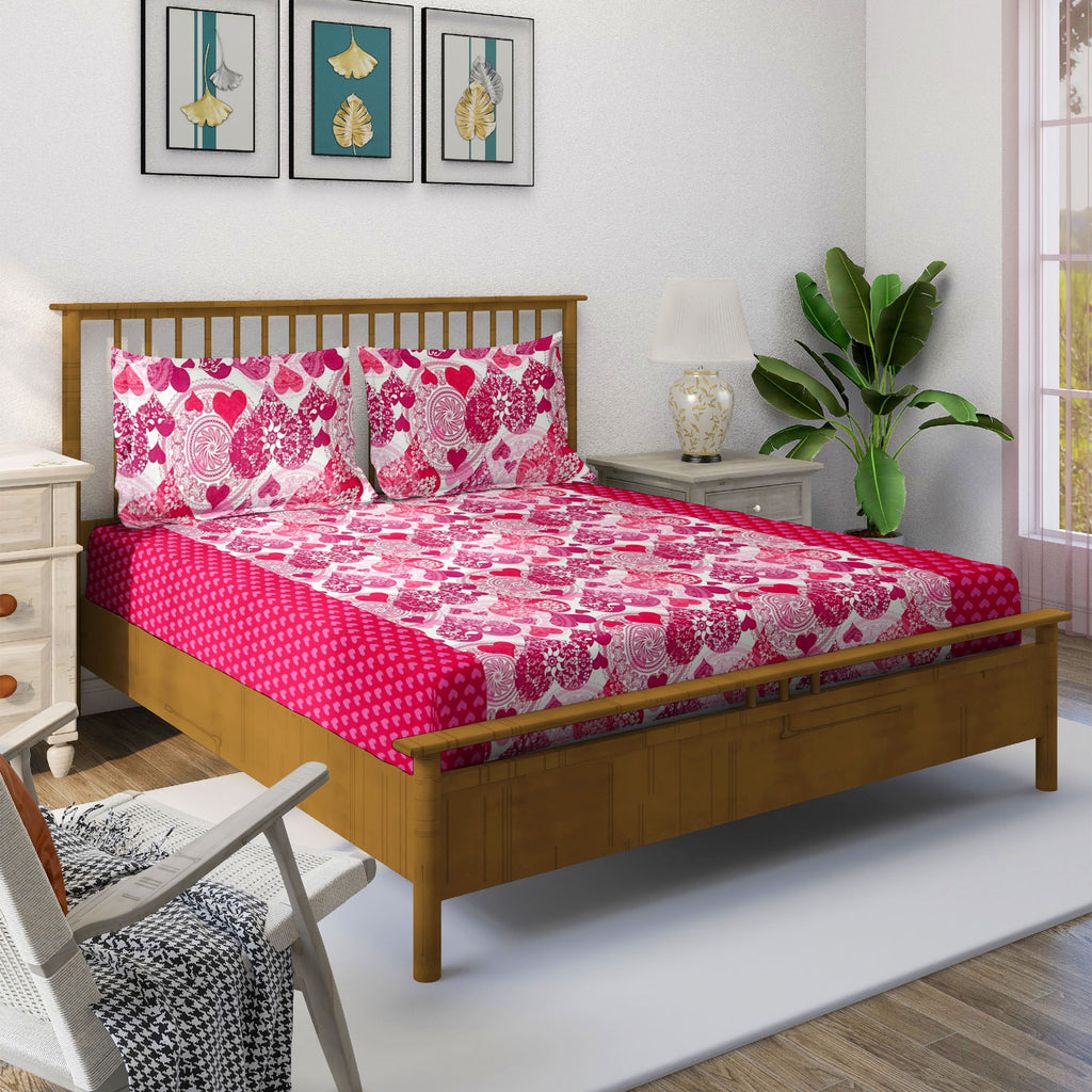 Sweetheart Bloom Pink & White Heart Print 160 TC Pure Cotton Bedsheet with Pillow Cover