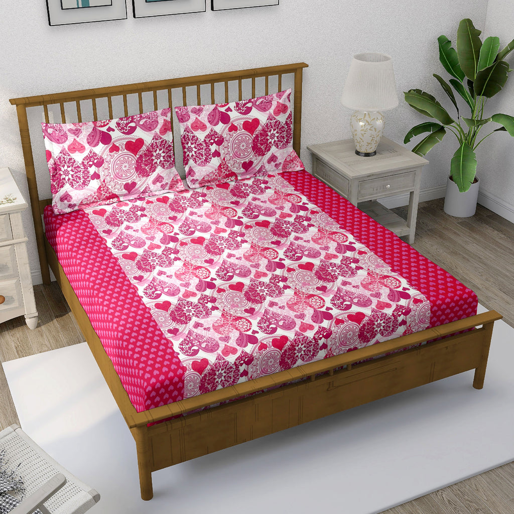 Sweetheart Bloom Pink & White Heart Print 160 TC Pure Cotton Bedsheet with Pillow Cover