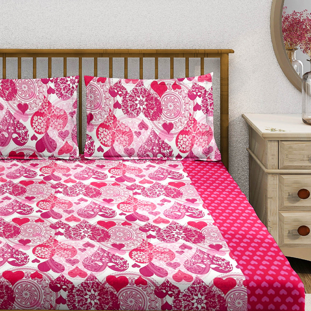 Sweetheart Bloom Pink & White Heart Print 160 TC Pure Cotton Bedsheet with Pillow Cover