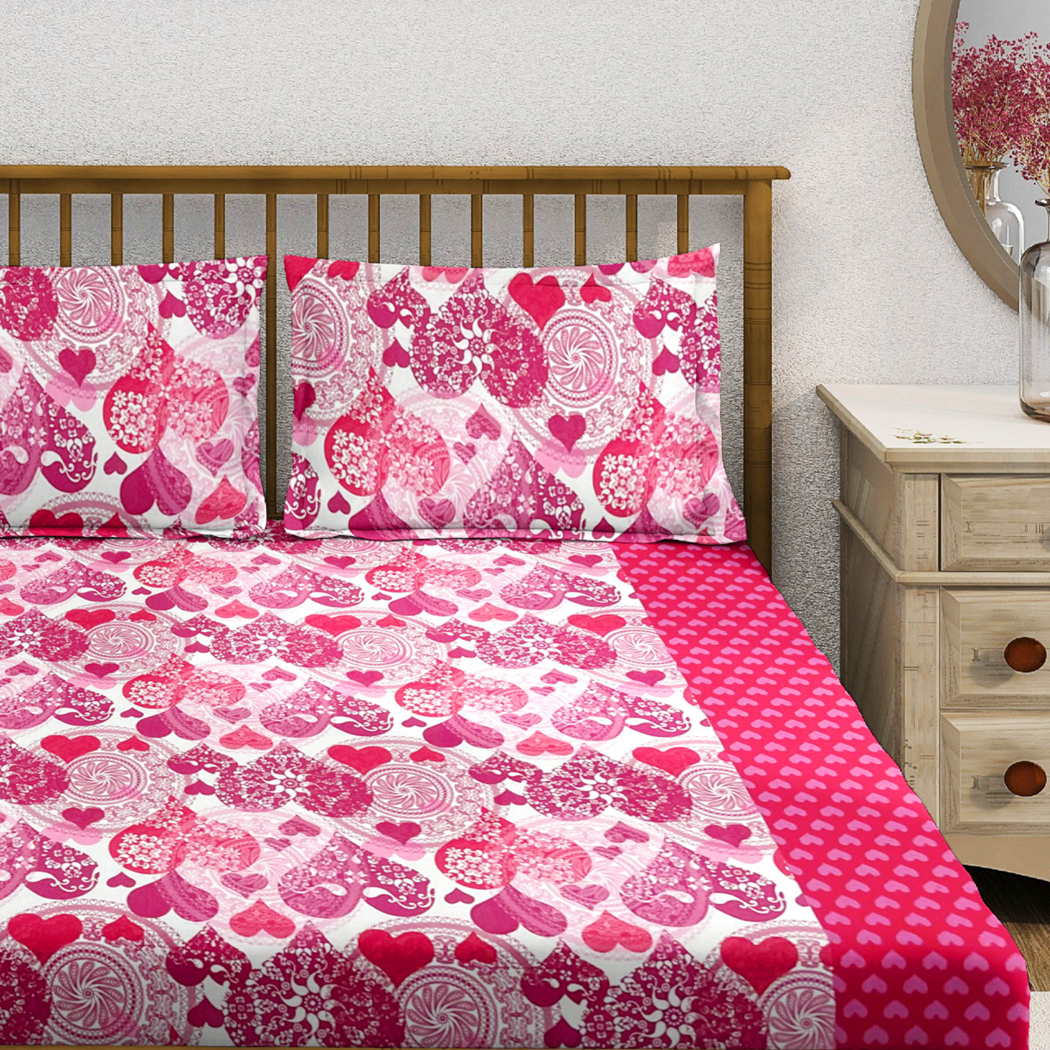 Sweetheart Bloom Pink & White Heart Print 160 TC Pure Cotton Bedsheet with Pillow Cover