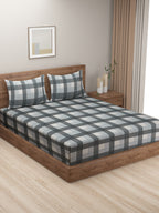 Urban Check Grey & White 160 TC Pure Cotton Fitted Bedsheet with Pillow Cover