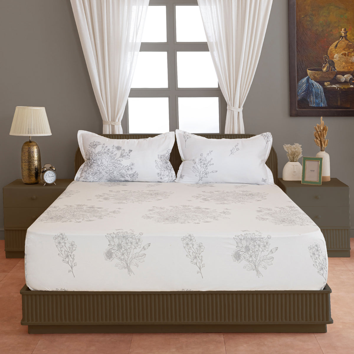 Ivory Botanical Sketch 250 TC Pure Cotton Bedsheet Set with Pillow Cover