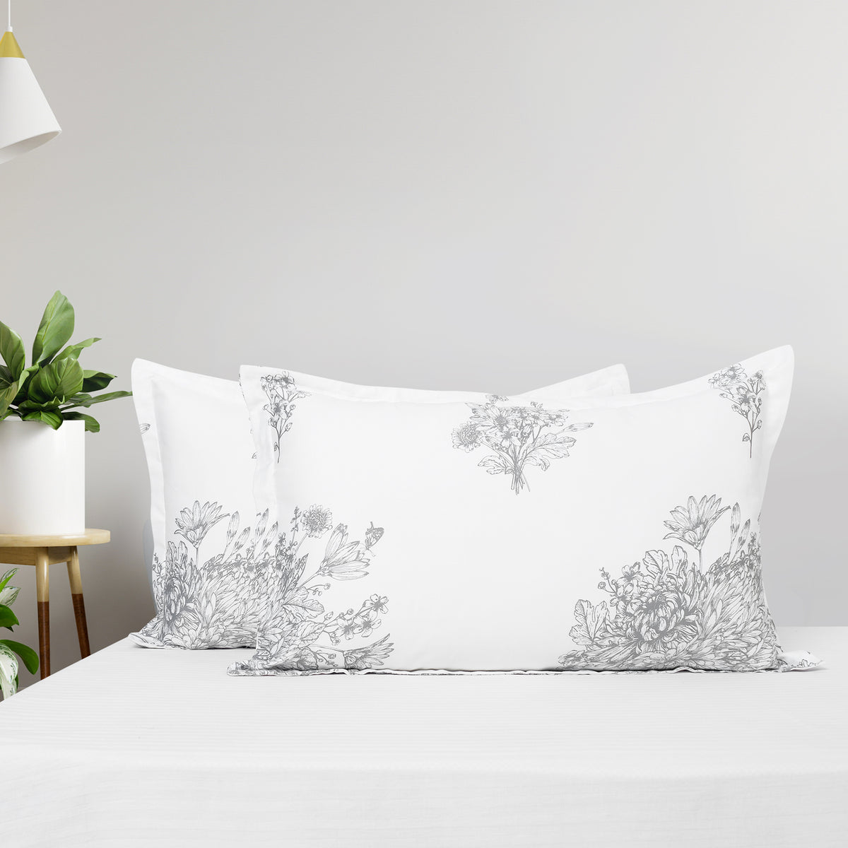 Ivory Botanical Sketch 250 TC Pure Cotton Bedsheet Set with Pillow Cover