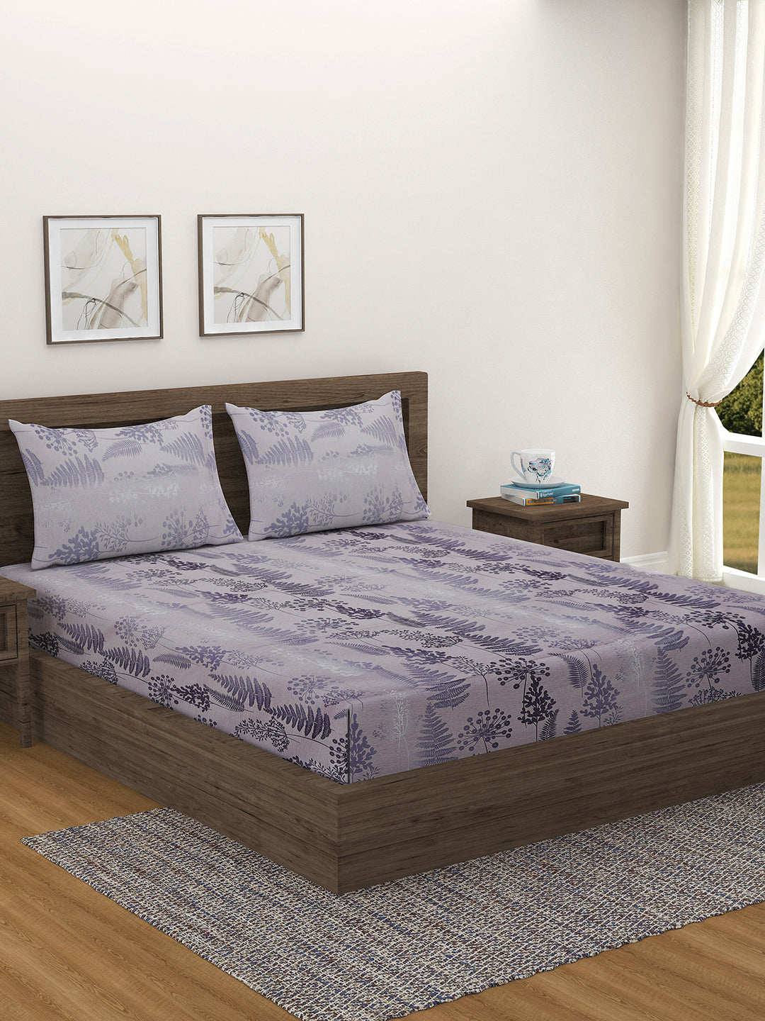 Lavender Woodland Ferns 240 TC Pure Cotton Bedsheet Set with Pillow Cover